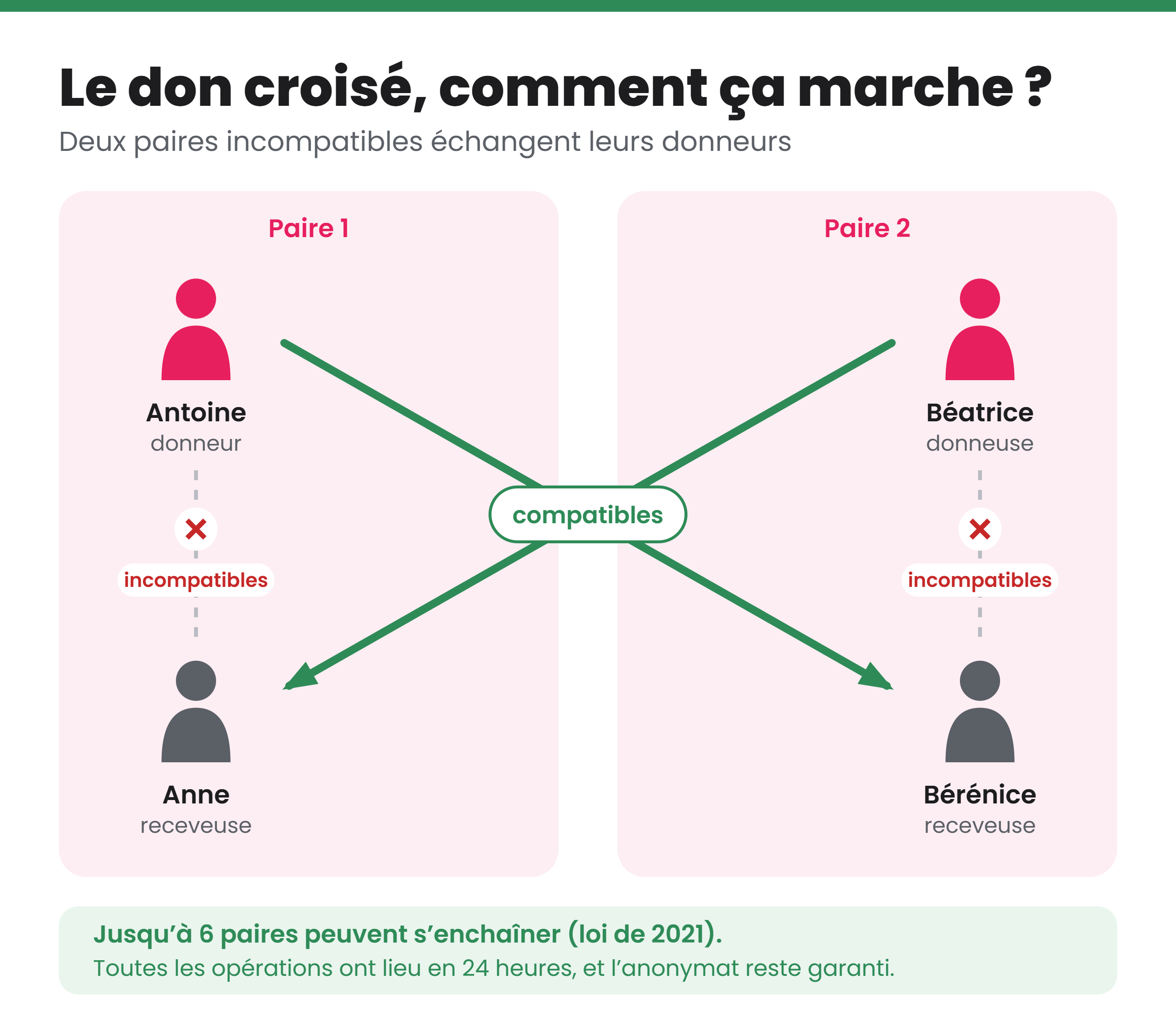 Schéma du don croisé : deux paires donneur-receveur incompatibles échangent leurs donneurs, qui sont compatibles avec l’autre receveur